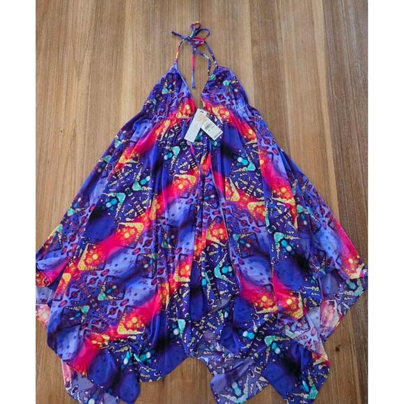 NWT PilyQ Tribal Fire Nori Dress Colorful Halter Neck Asymmetric Hem XS/S - Picture 2 of 11